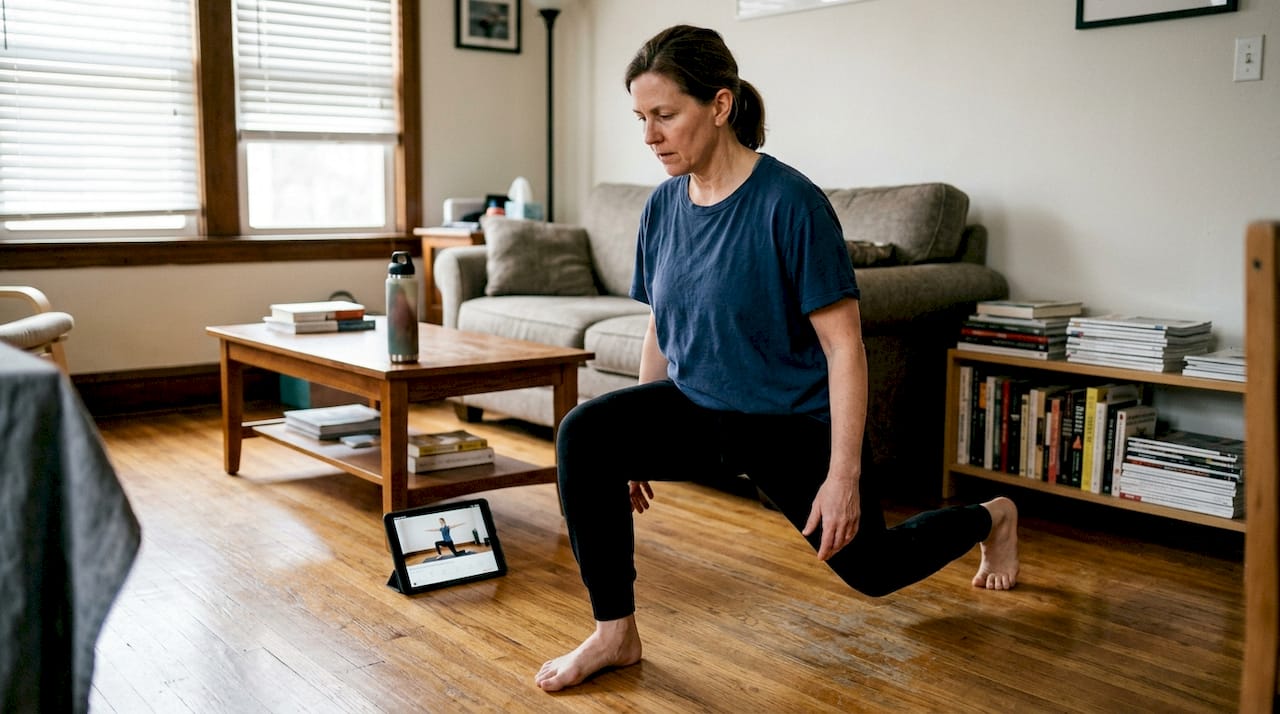 Woman in her 50s doing lunges at home