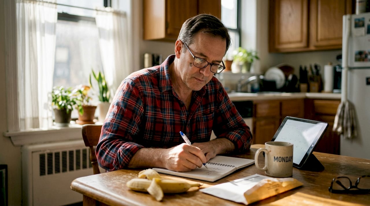 Man journaling at kitchen table, stress management