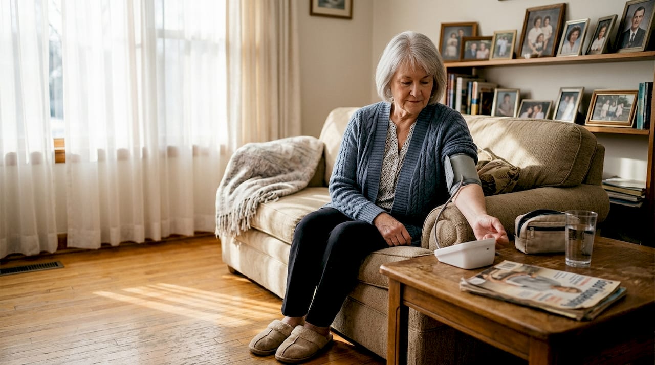 Older woman using home health tools
