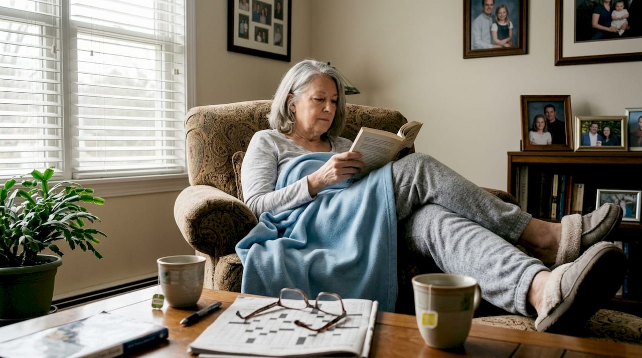 Older woman reading comfortably at home