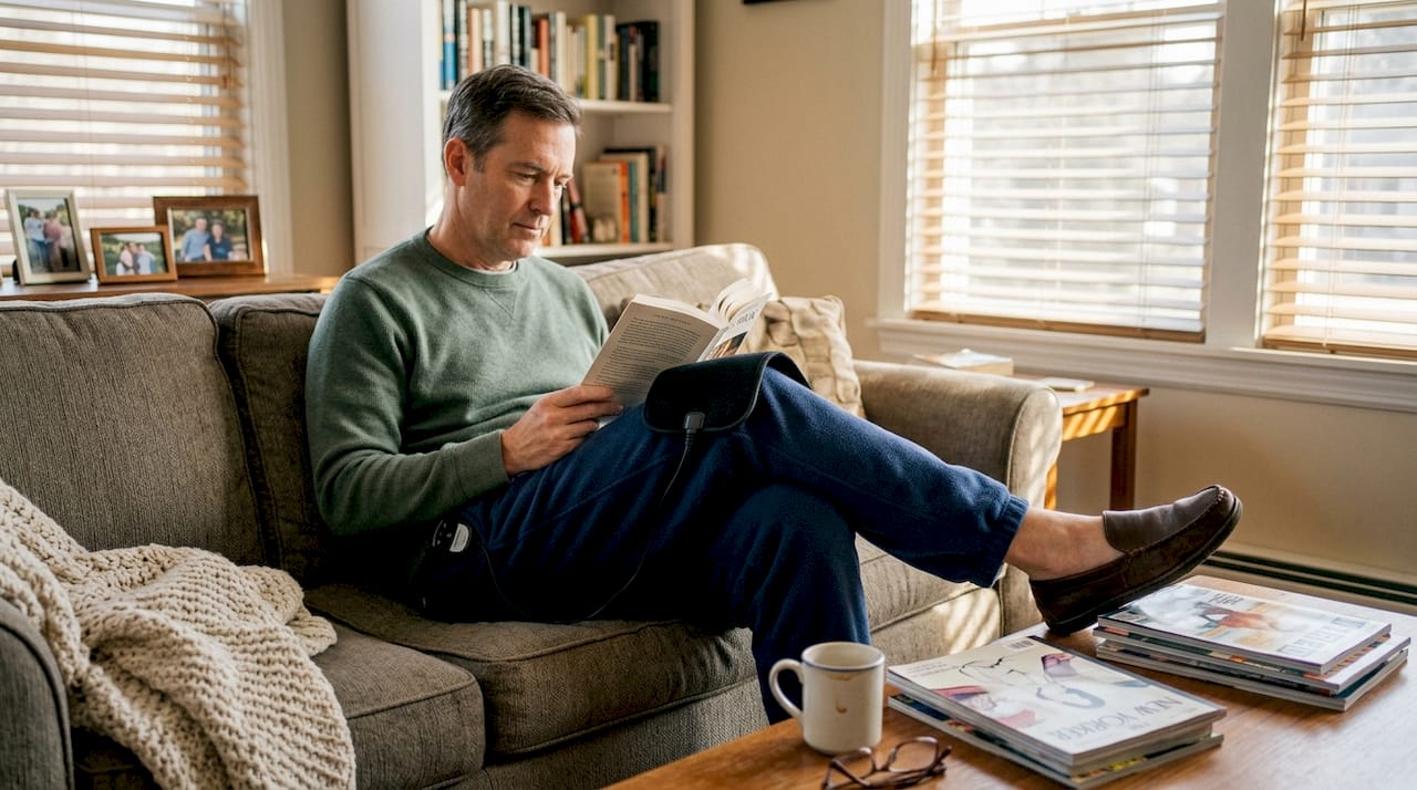 Man using PEMF therapy device at home