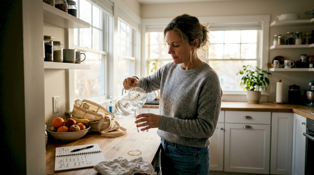 Woman starts well-being routine in kitchen