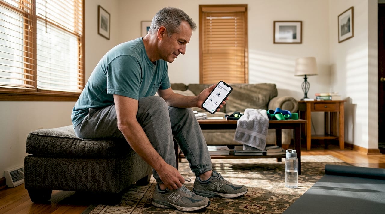 Active adult preparing for mobility routine at home