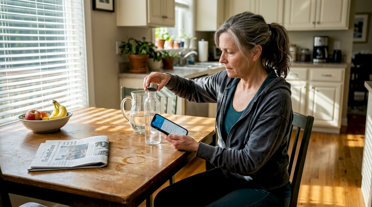 Older woman refilling water bottle kitchen
