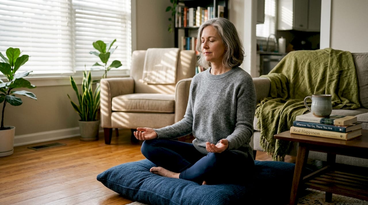 Woman meditating at home, living room setting