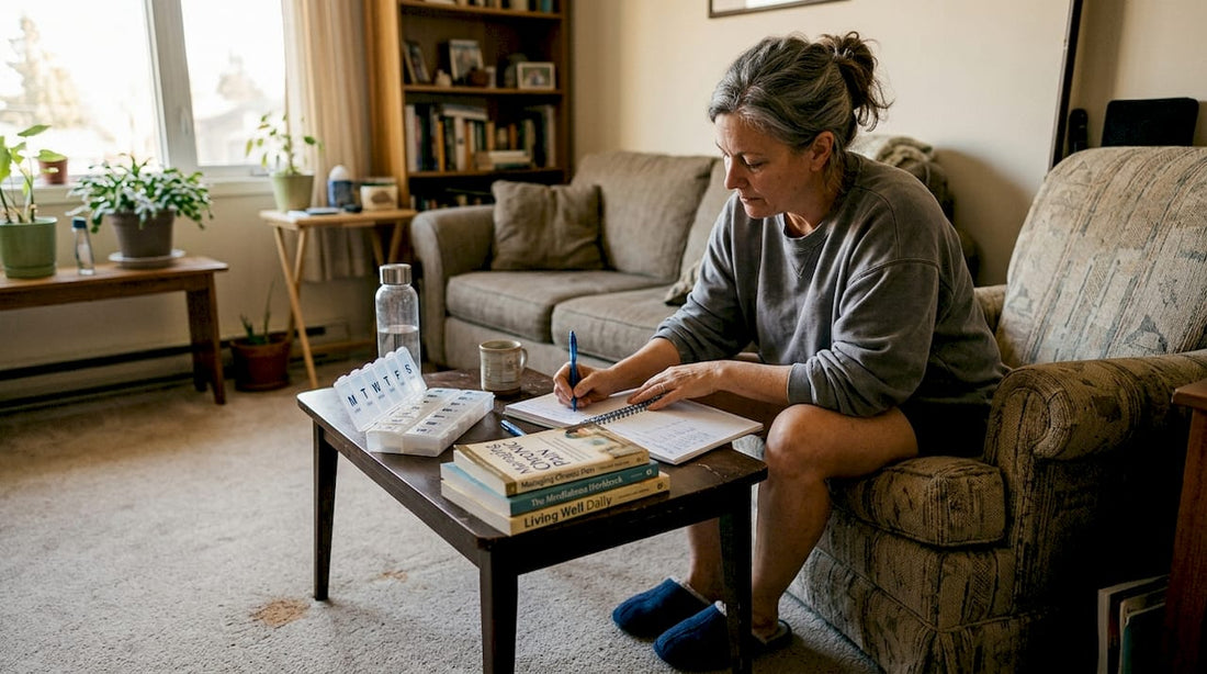 Woman tracking pain journal in living room