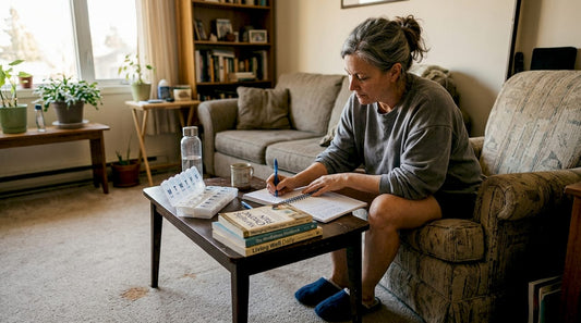 Woman tracking pain journal in living room