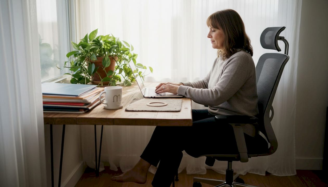 Woman practicing ergonomic sitting at home desk