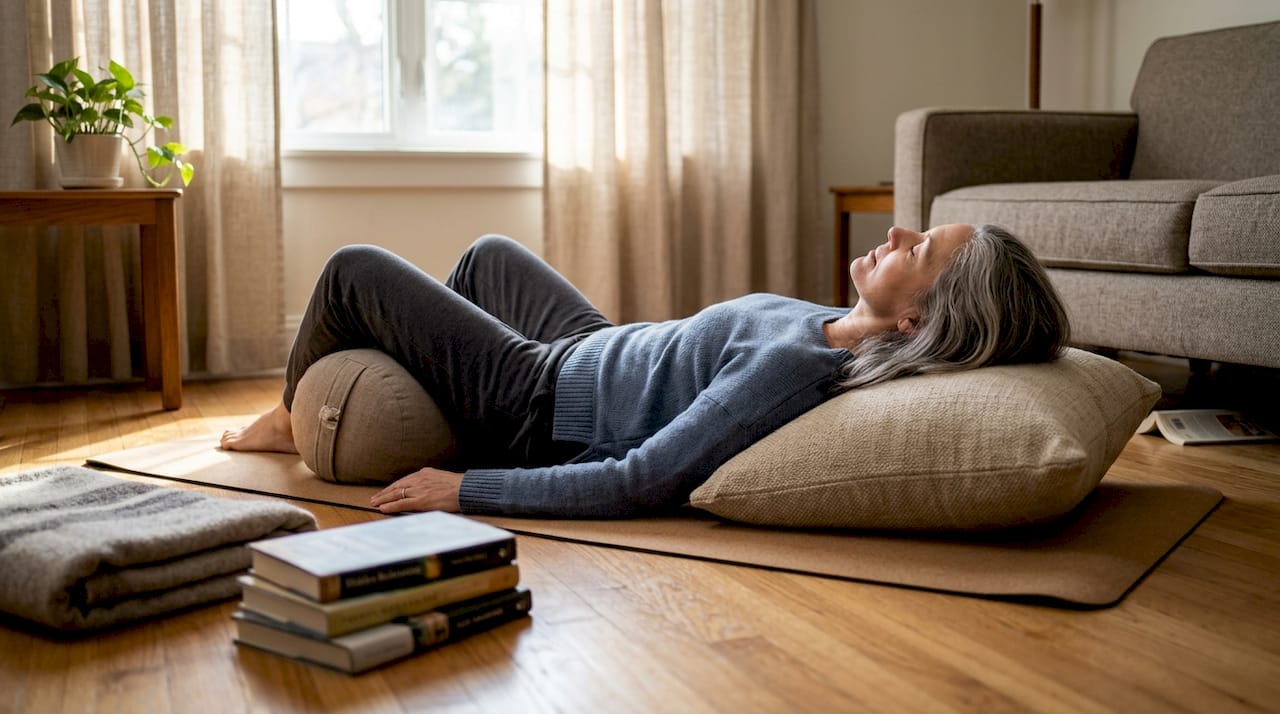 Woman practicing restorative yoga in living room