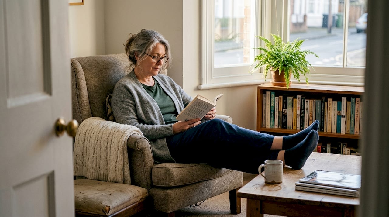 Woman reading and stretching in cozy living room