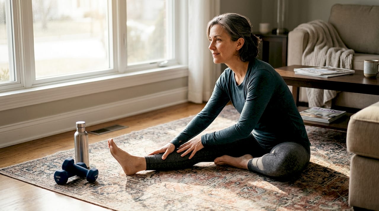 Woman stretching by living room window in morning