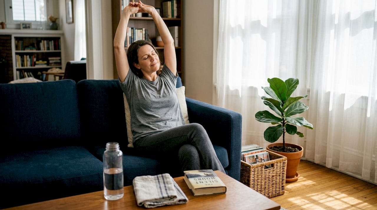 Woman relaxing on sofa stretching arms after routine