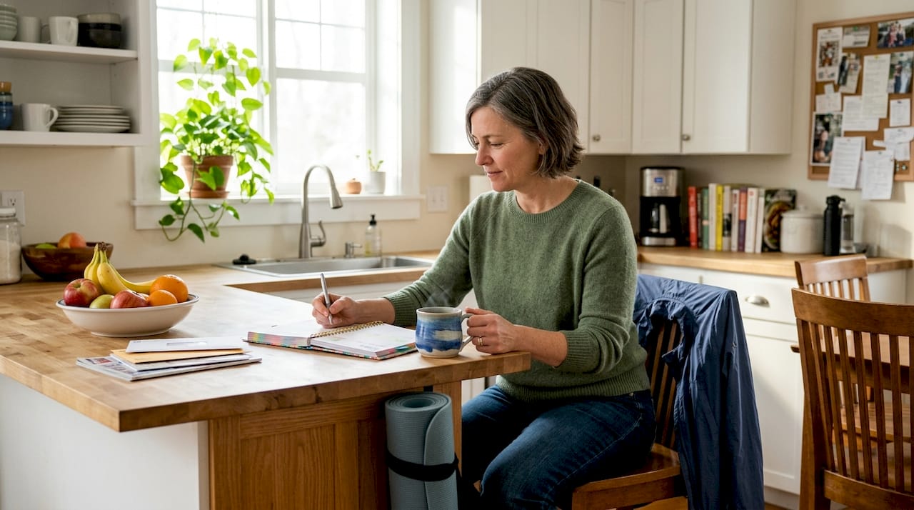 Woman plans morning wellness routine at kitchen island