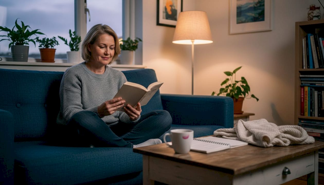 Woman reading on sofa in cozy living room
