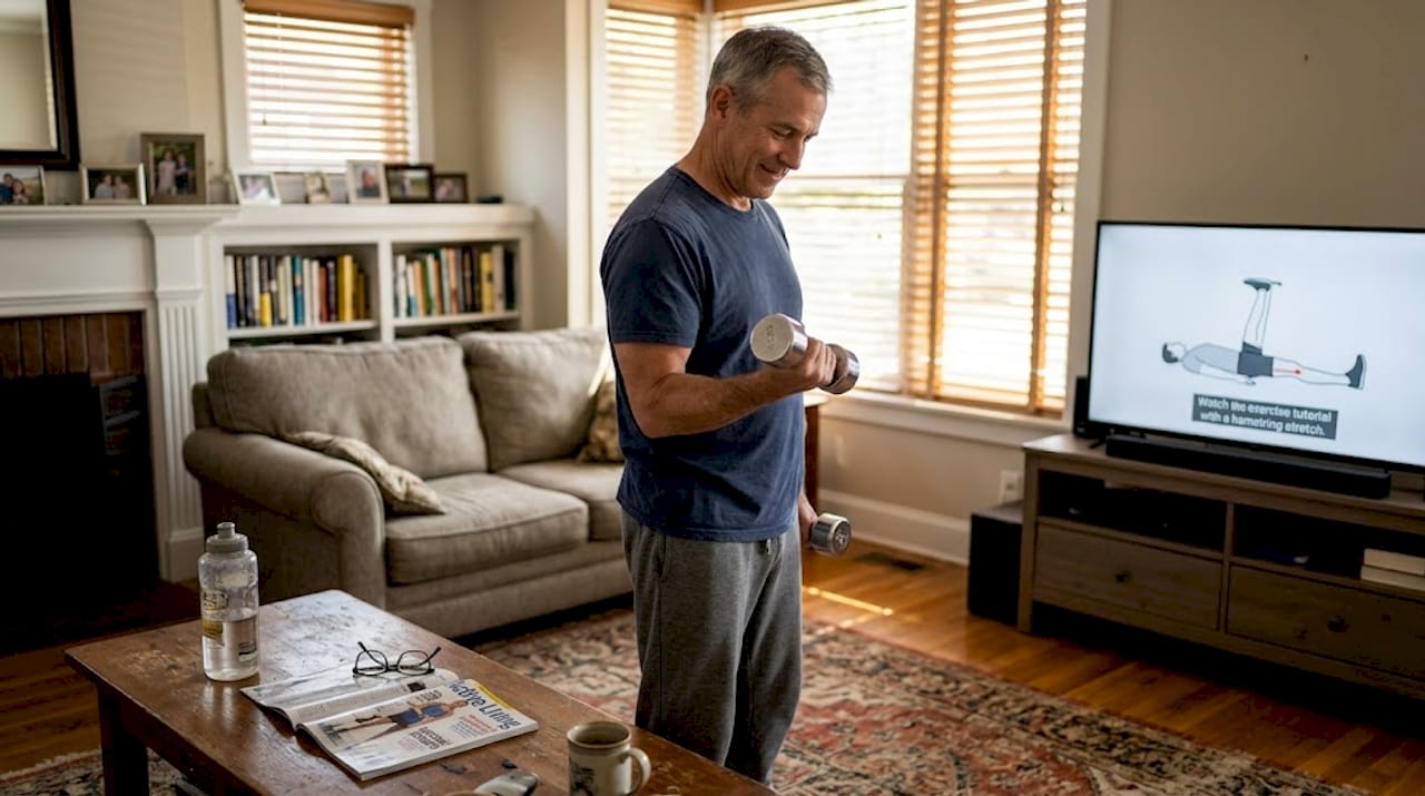 Middle-aged man doing strength training at home