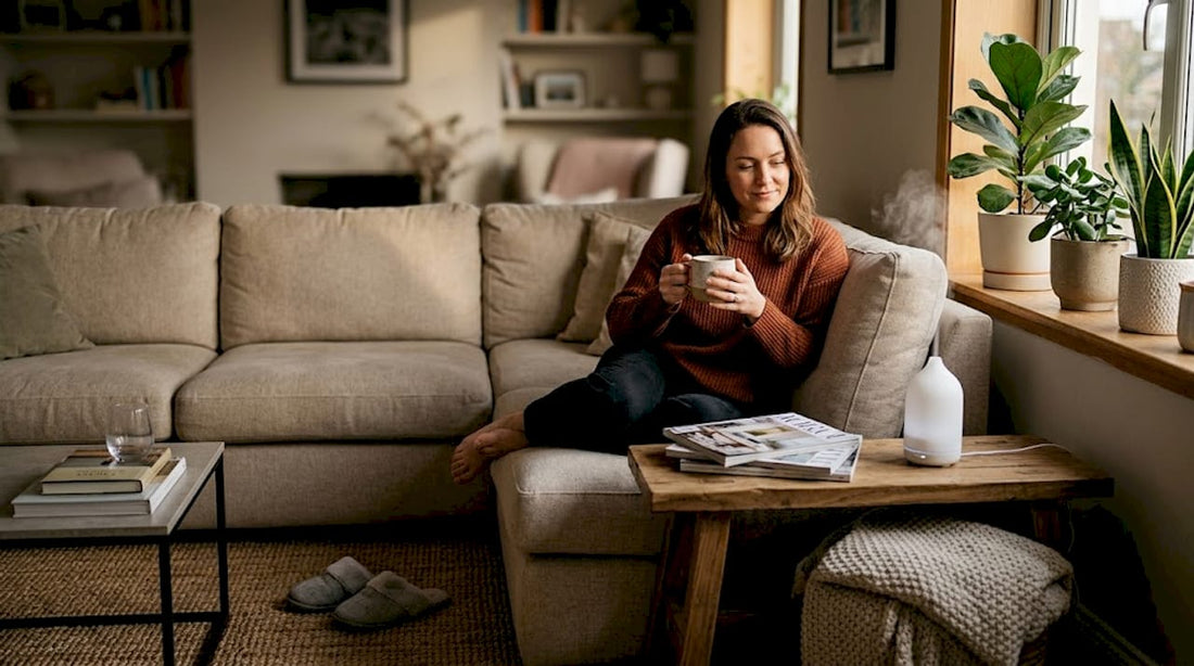 Woman relaxing near diffuser in cozy living room