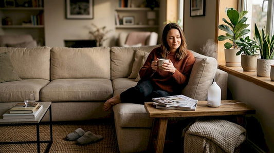 Woman relaxing near diffuser in cozy living room