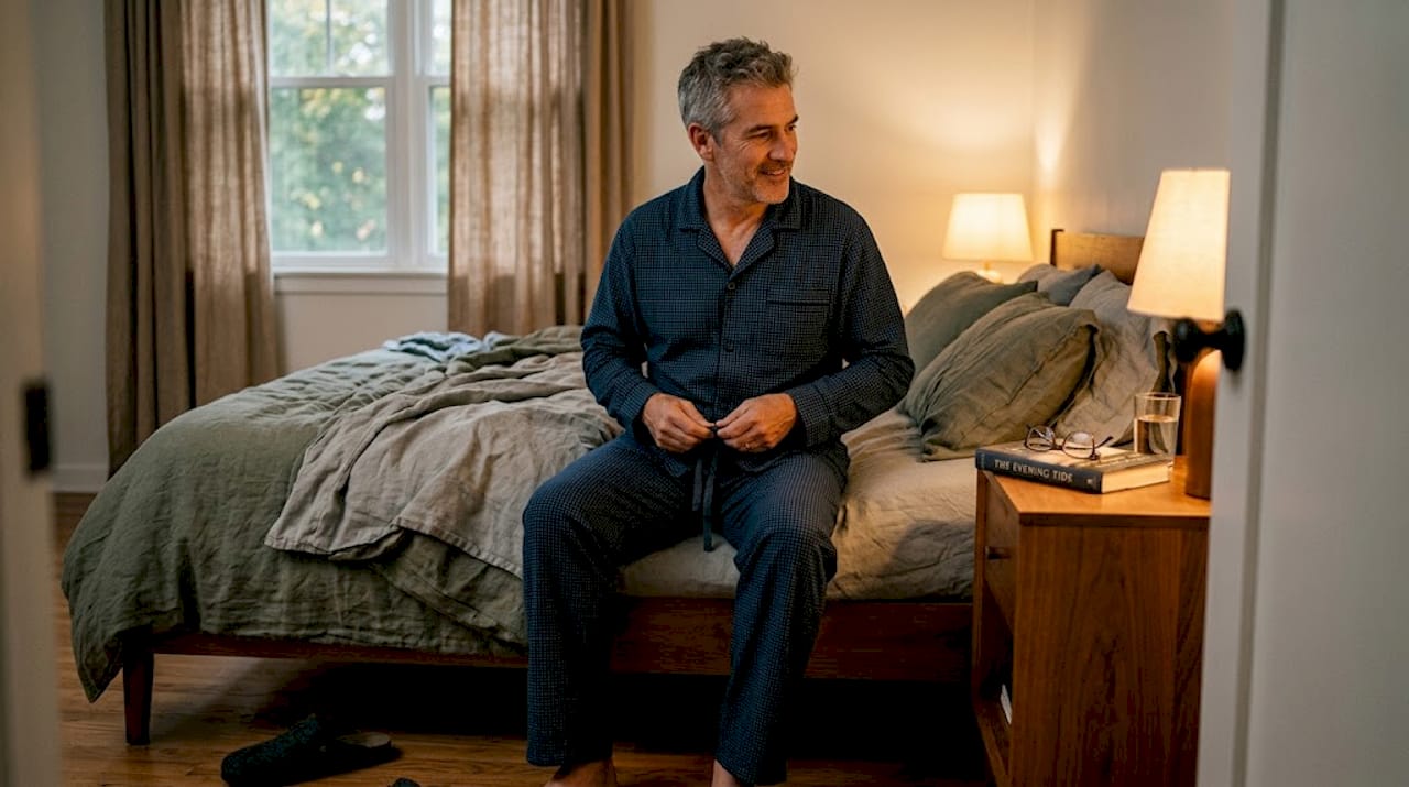 Man preparing for bedtime in cozy bedroom