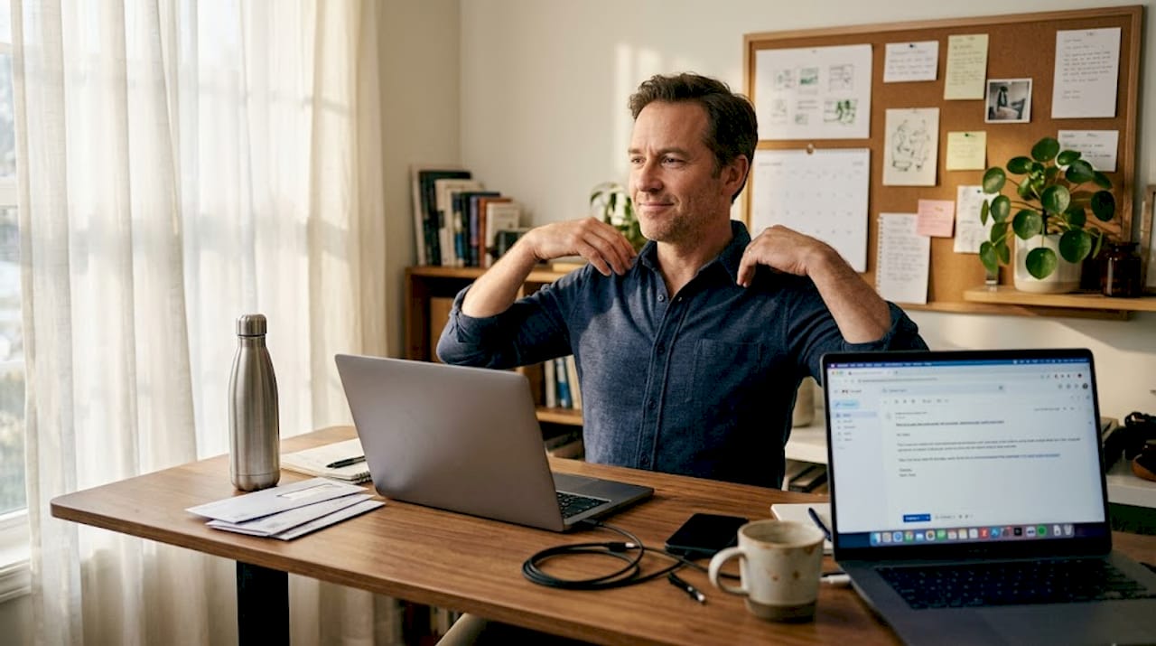 Middle-aged man taking posture break at desk