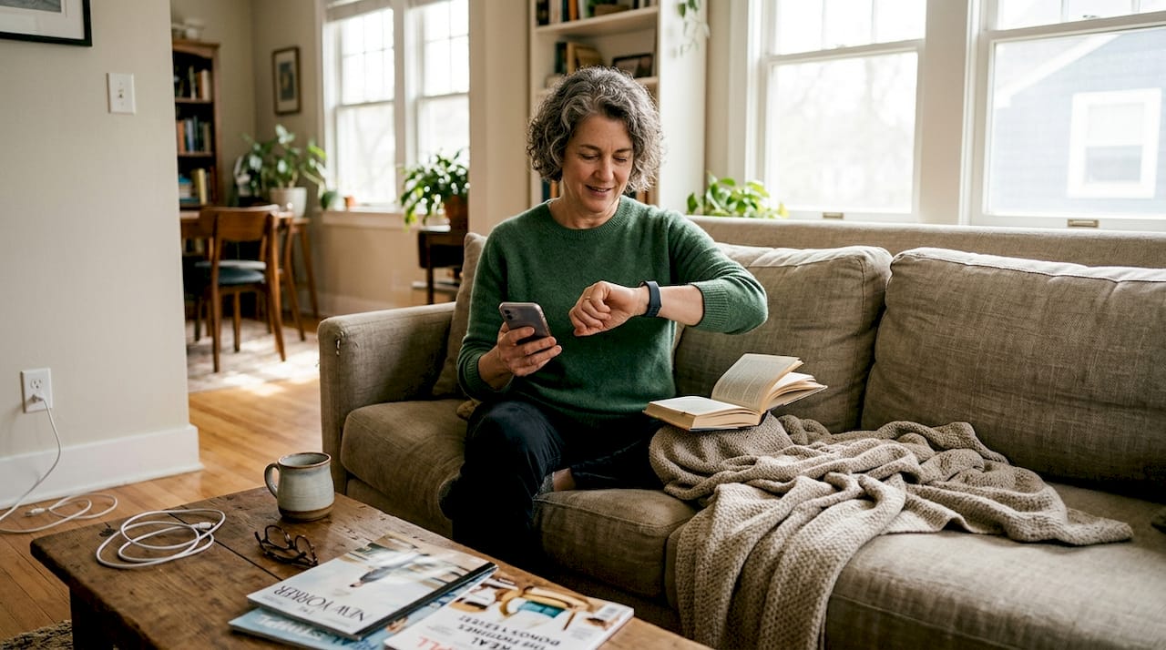 Adult with fitness tracker in living room