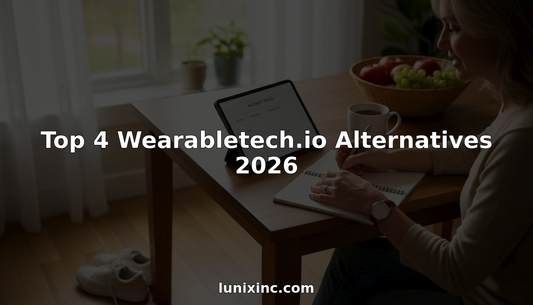 Woman using wearable tech at kitchen table workspace