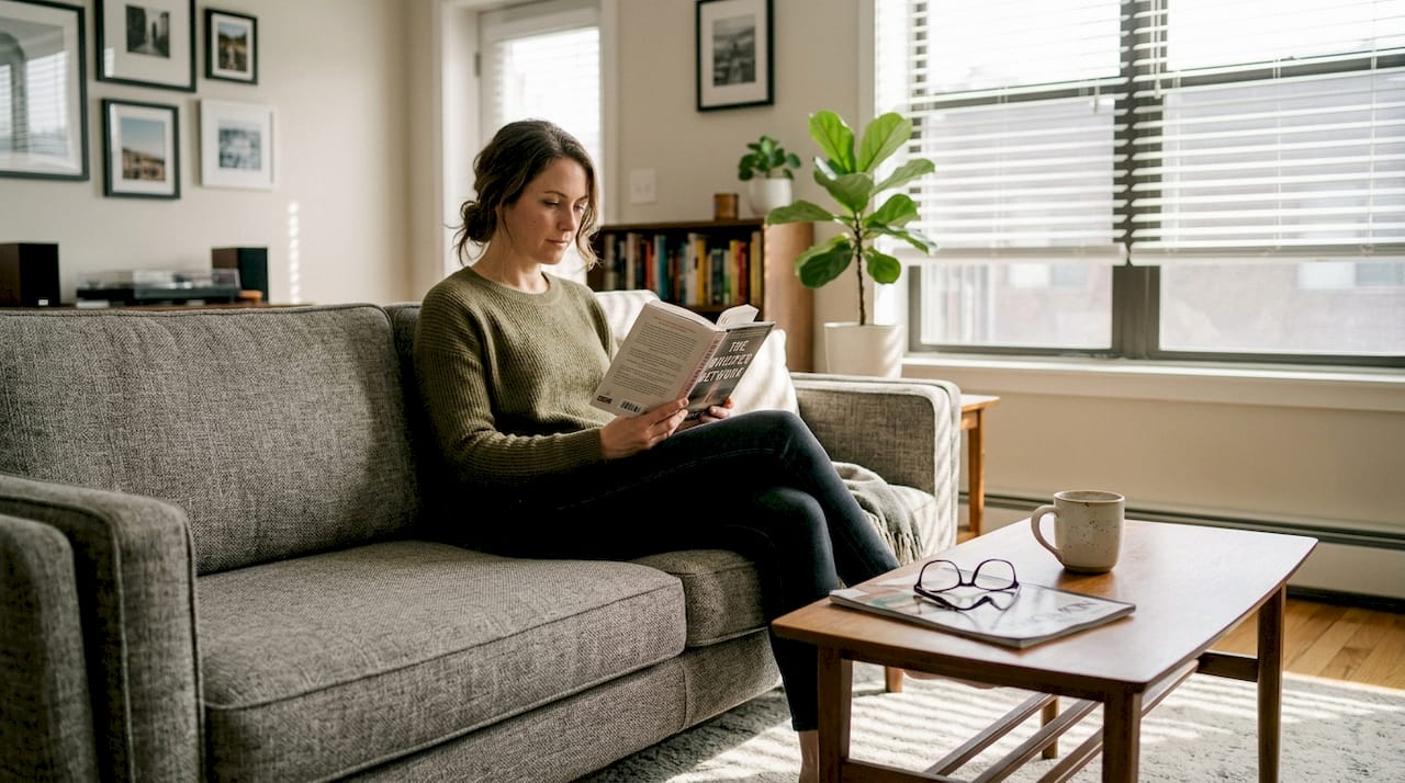 Person reading comfortably on living room sofa