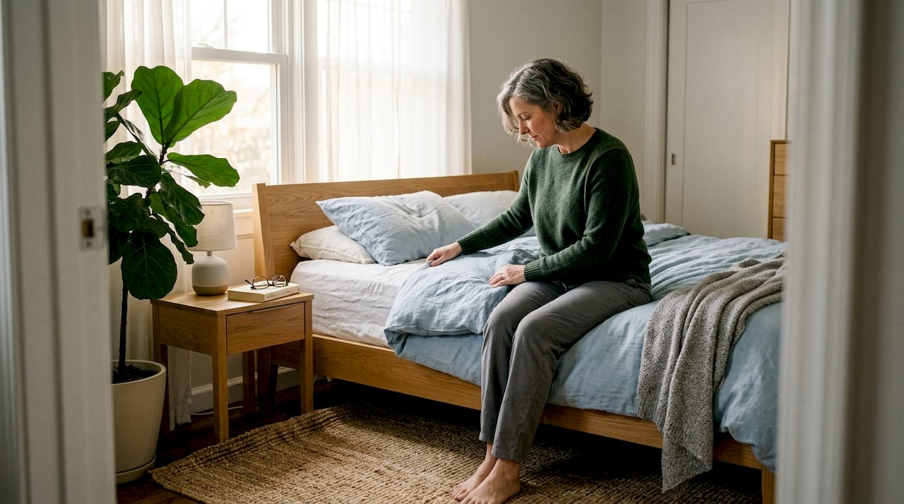 Middle-aged woman tidies bed in peaceful bedroom