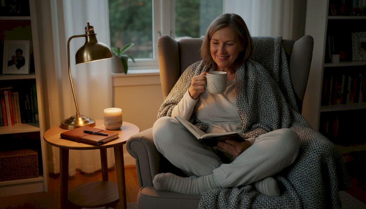 Woman reading and sipping tea in evening living room