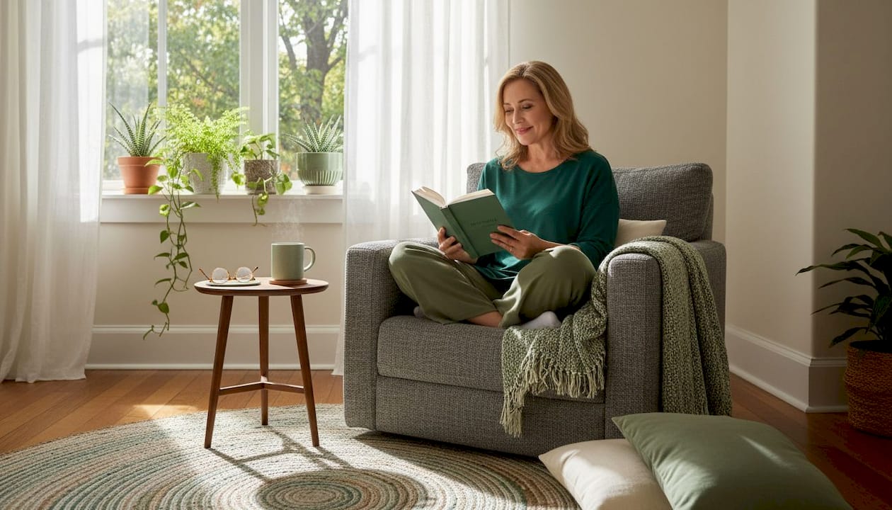 Woman relaxing in sunlit living room sanctuary