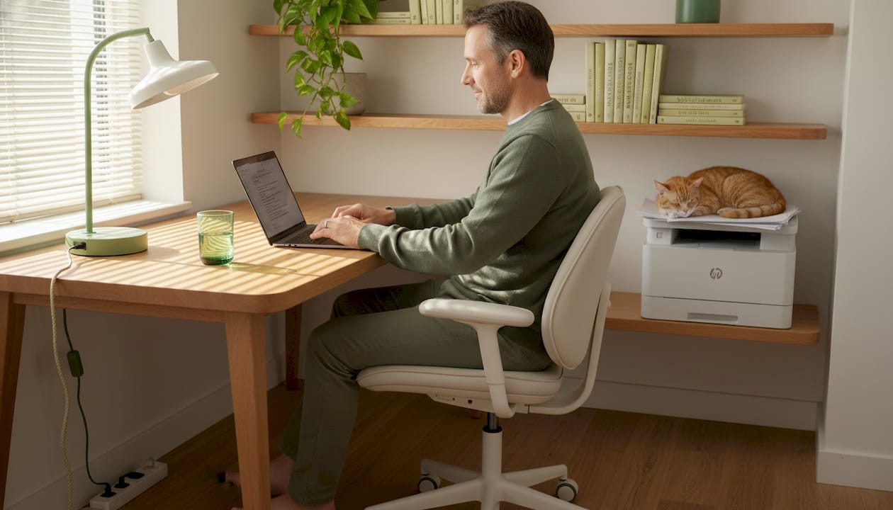 Middle-aged man in ergonomic home office at desk