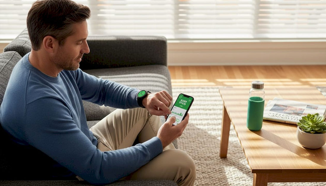 Man using fitness tracker in living room