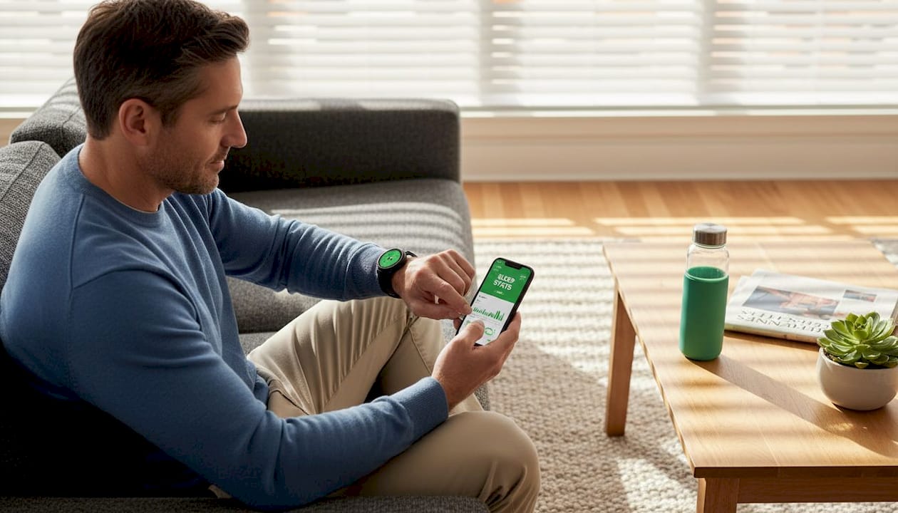Man using fitness tracker in living room