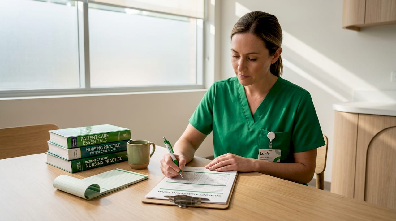 Nurse documenting comfort assessment in hospital room