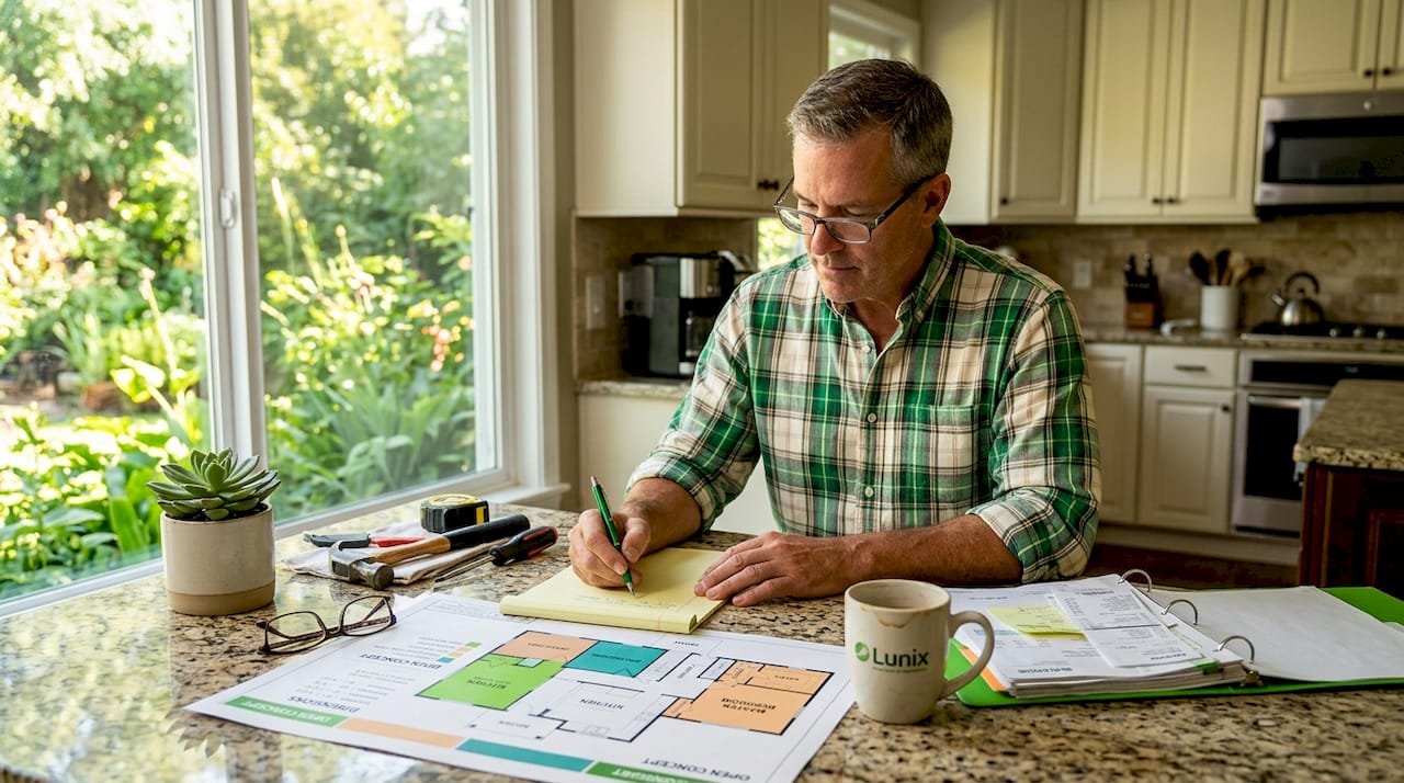 Homeowner reviewing house restoration plans