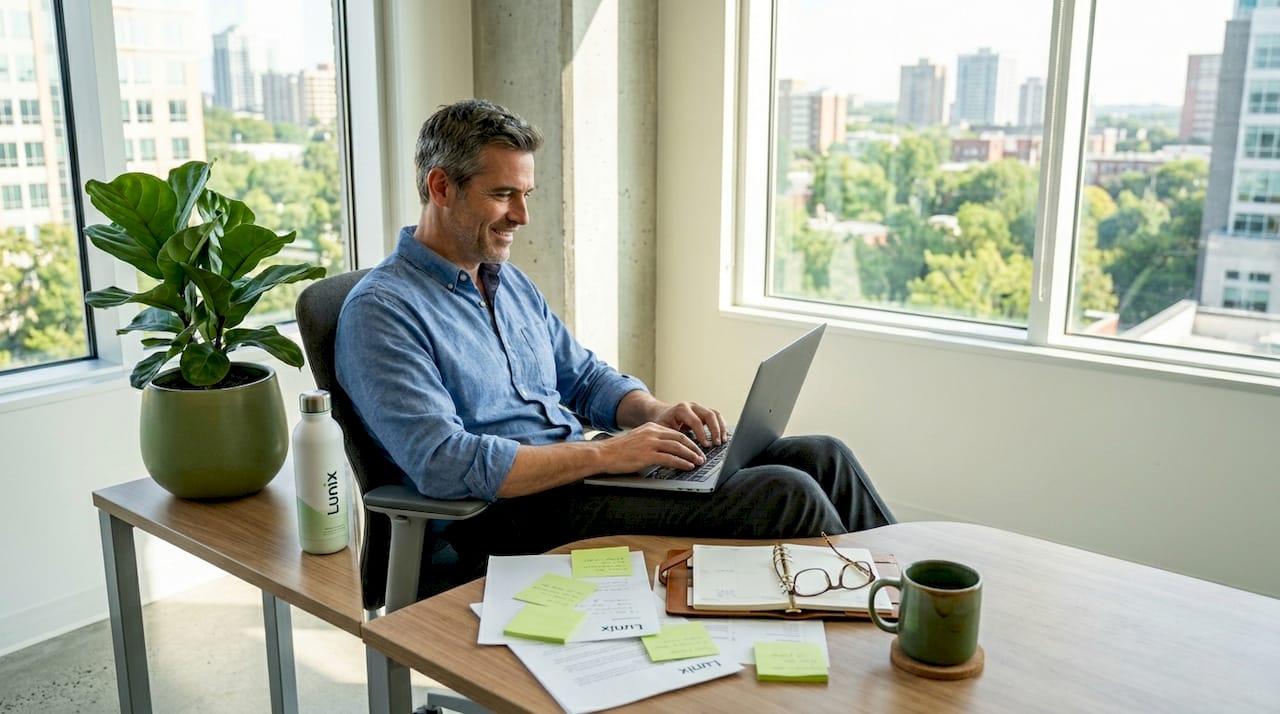 Man stretching in office during work