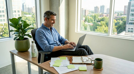 Man stretching in office during work