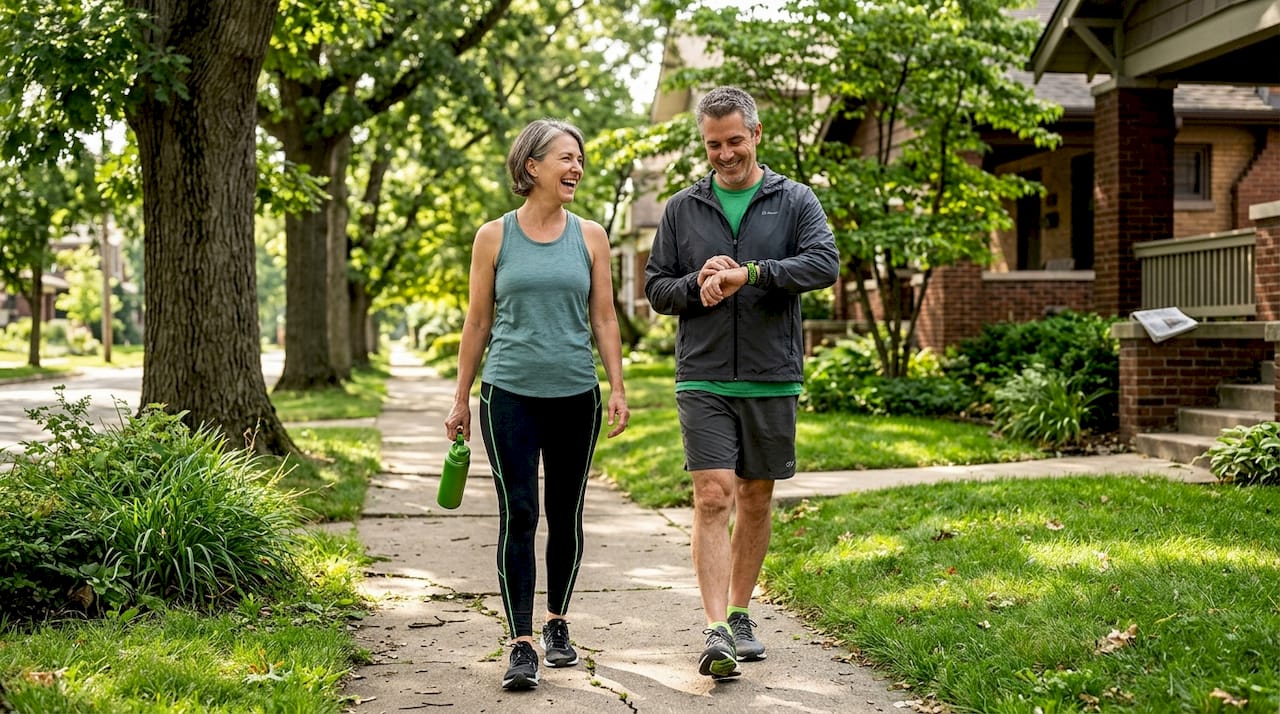 Active midlife adults walking in residential neighborhood