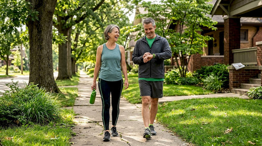 Active midlife adults walking in residential neighborhood