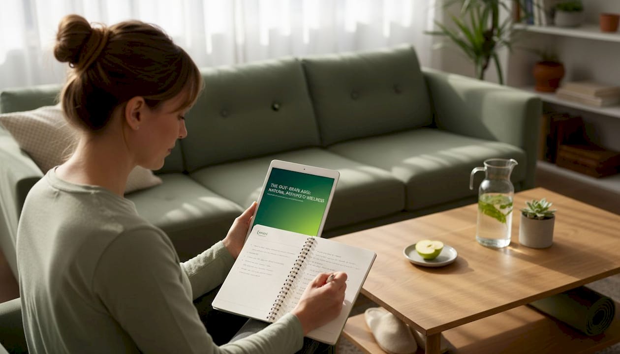 Woman reviewing wellness info in living room