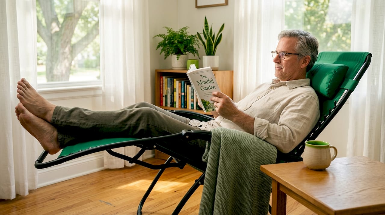 Man reading in zero gravity chair at home