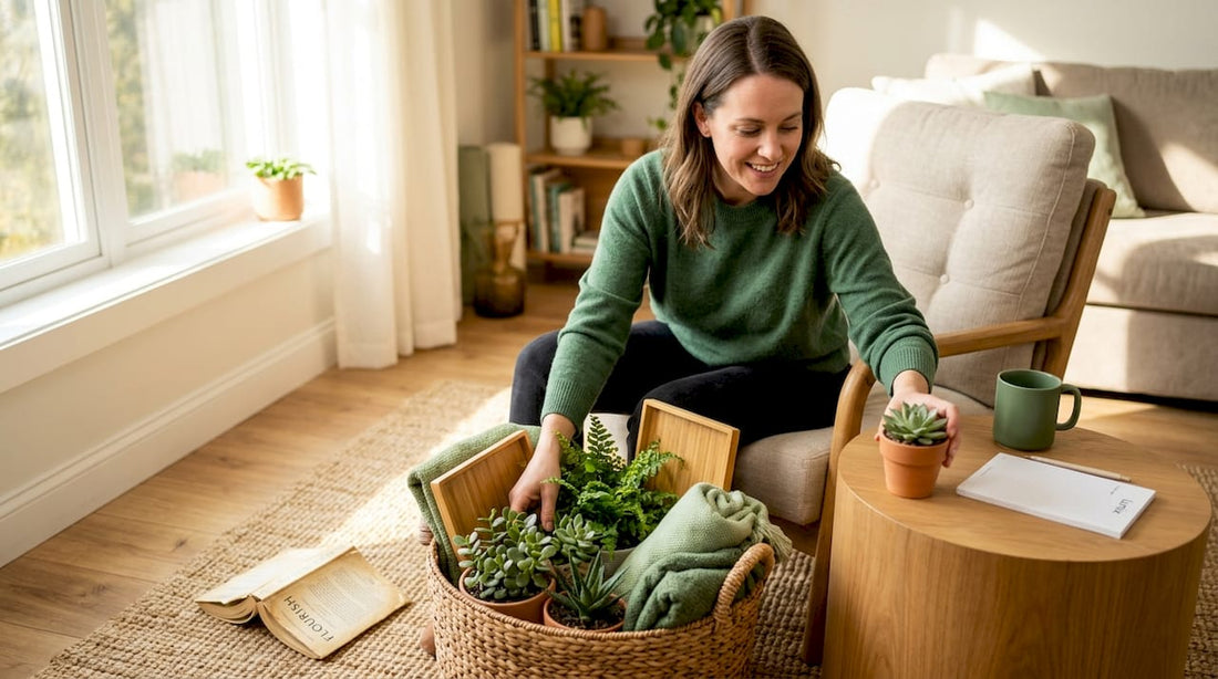 Woman selecting home wellness items near window