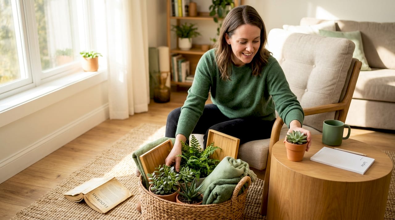Woman selecting home wellness items near window