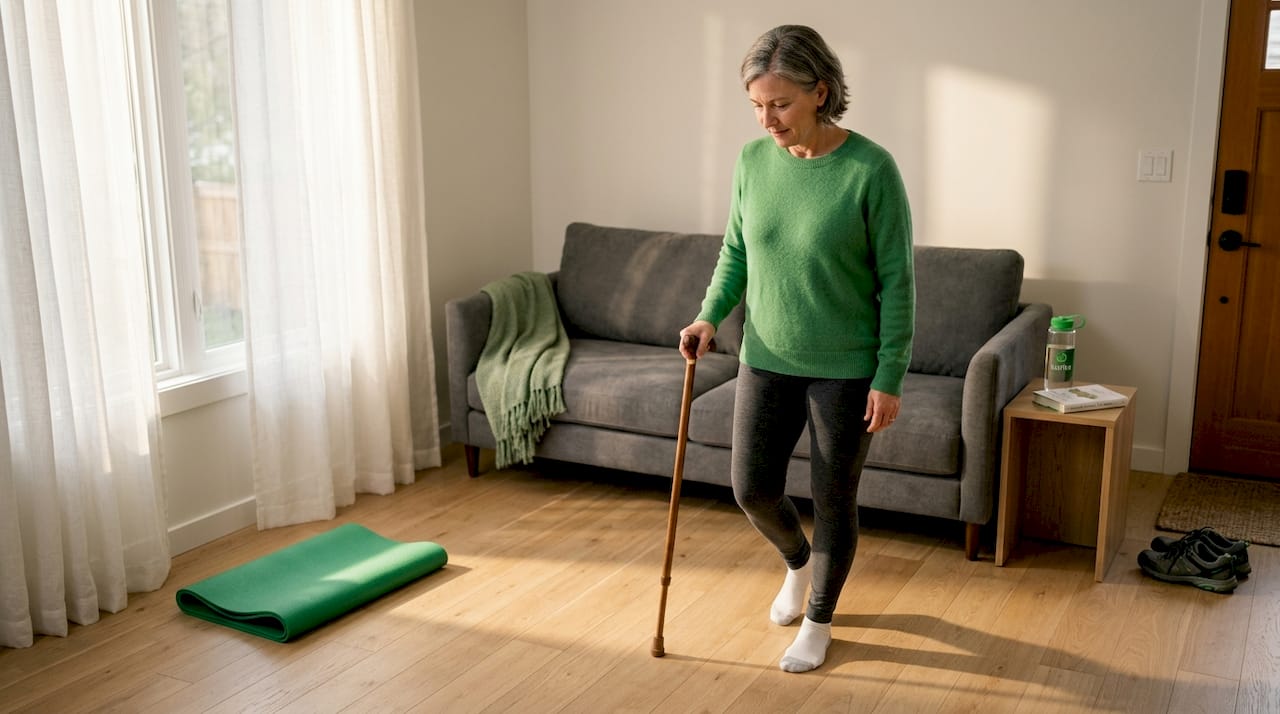 Woman using cane in bright living room