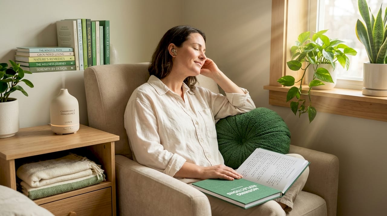 Woman relaxing with sensory aids at home