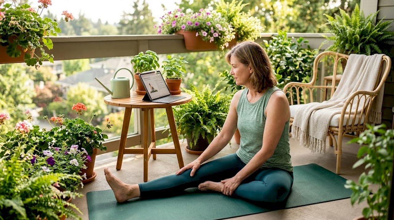 Woman doing home recovery stretches in living room