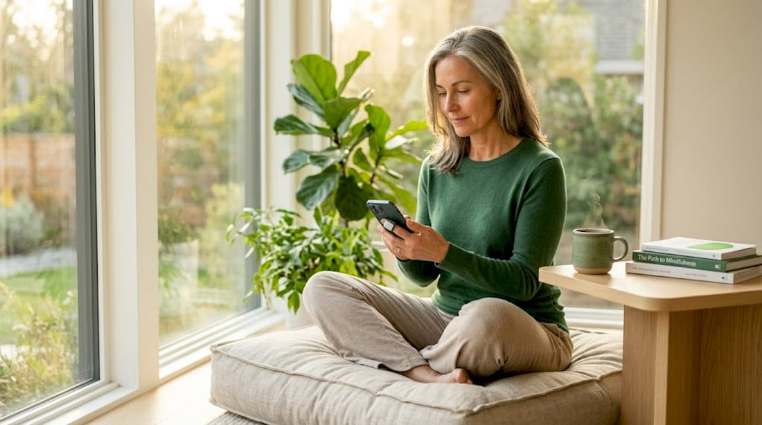 Woman using biofeedback device for relaxation