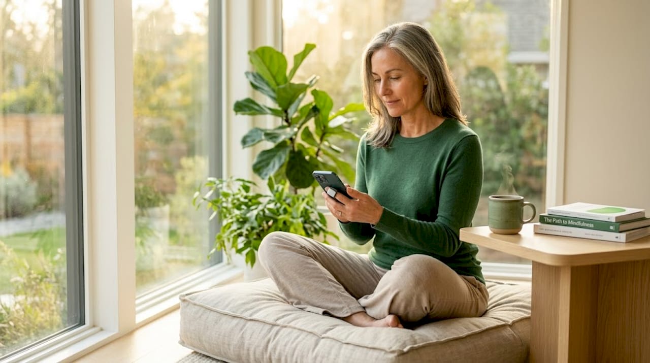 Woman using biofeedback device for relaxation