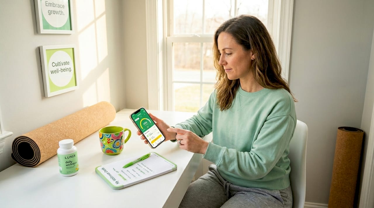 Woman at home using wellness app at desk