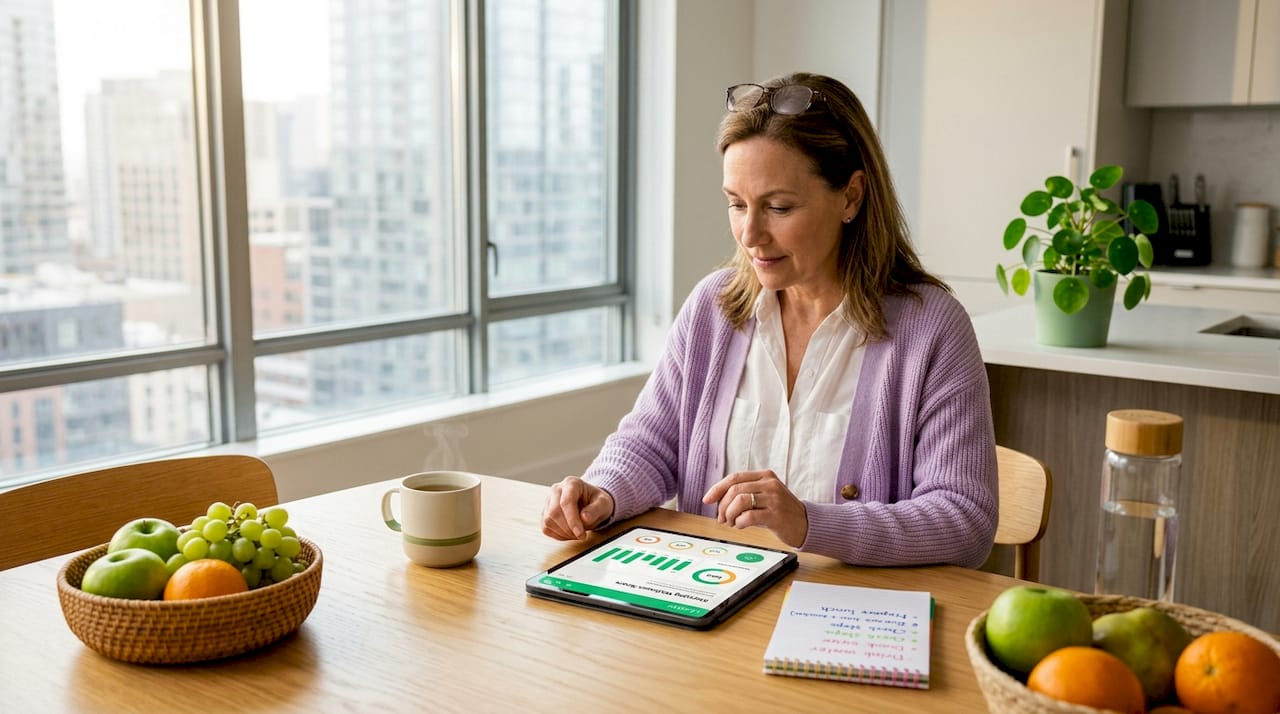 Woman using health app at kitchen table