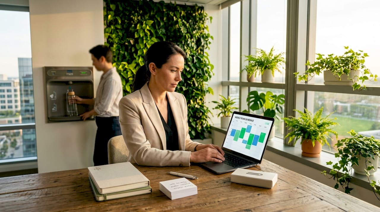 Office manager reviews team schedule in open, plant-filled workspace